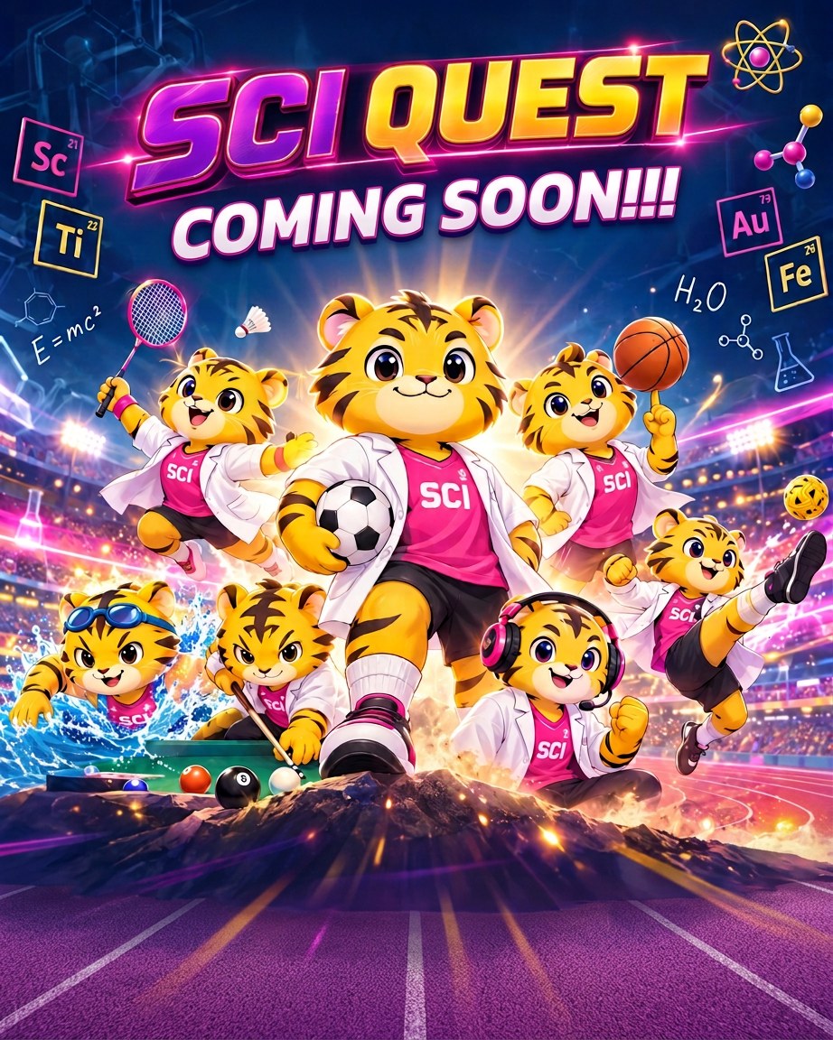 SCI QUEST Coming Soon — มาสคอตเสือในชุดกีฬาสีชมพูกับเสื้อกาวน์ ถือลูกฟุตบอล แบดมินตัน บาสเกตบอล และอุปกรณ์กีฬาอื่นๆ กลางสนามกีฬา